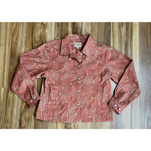 Womens Cabelas Jean Jacket Size Medium 100% Cotton Coral Beige Floral Paisley